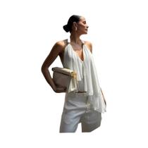 Top De Malha Com Detalhes Metálicos Elegantes Para Mulheres, Halter, Costas Descobertas, Com Ruches