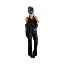 Top De Malha Com Detalhes Metálicos Elegantes Para Mulheres, Halter, Costas Descobertas, Com Ruches Top De Malha Com Detalhes Metálicos Elegantes Para Mulheres, Halter, Costas Descobertas, Com Ruches