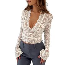 Top de renda feminina Y2k com decote em V transparente, malha floral branca S Top de renda feminina Y2k com decote em V transparente, malha floral branca S