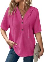 Top Dokotoo feminino com botões e decote em V, manga curta, rosado, L