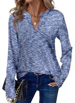 Top Dokotoo Waffle Knit com decote em V e manga comprida para mulheres azul GG