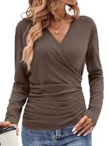Top EasyGala para mulher, embrulho, manga comprida, franzido, decote em V, café Top EasyGala para mulher, embrulho, manga comprida, franzido, decote em V, café