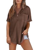 Top elegante para mulheres com decote em V com decote em V e botão Henley Coffee