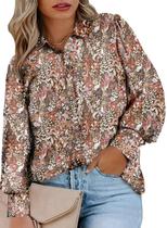 Top Eytino feminino plus size com decote em V e manga comprida com estampa floral