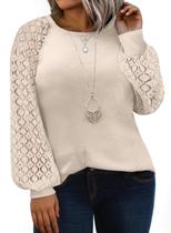 Top Eytino Plus Size para mulheres em malha waffle, renda de manga comprida