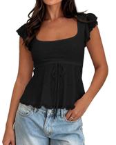 Top feminino BAIGRAM Floral Flowy Peplum Babydoll Y2K Black