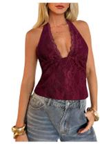 Top feminino BEAUDRM, frente única, bolinhas, renda bordô