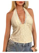 Top feminino BEAUDRM, frente única, bolinhas, renda, sem encosto, amarelo claro Top feminino BEAUDRM, frente única, bolinhas, renda, sem encosto, amarelo claro