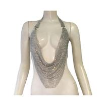 Top Feminino Brilhante Com Strass, Sem Costas, Decote Halter, Camiseta Cropped Com Decote Em V