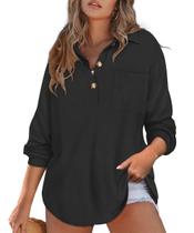 Top feminino CARCOS Waffle Knit Henley Black Plus Size 4GG