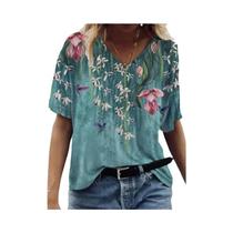 Top Feminino com Estampa Floral Botânica - Manga Curta - Moda Casual de Verão