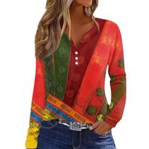 Top feminino COTECRAM de outono de manga comprida com decote em V plus size vermelho