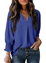 Top feminino Dokotoo azul escuro manga 3/4 com decote em V L