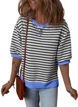 Top feminino Dokotoo de verão com mangas folhadas 3/4 listradas em azul