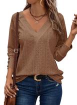 Top feminino Dokotoo, manga comprida, decote em V, solto, marrom XXL