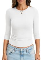 Top feminino EasyGala, algodão, manga 3/4, gola redonda, modelagem justa, branca Top feminino EasyGala, algodão, manga 3/4, gola redonda, modelagem justa, branca