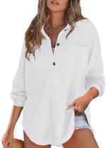 Top feminino elegante com decote em V com botão de malha em waffle Henley White