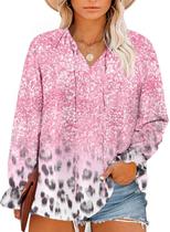 Top feminino Eytino, tamanho grande, decote em V, manga comprida, leopardo 2X