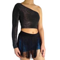 Top Feminino Manga Longa Um Ombro Só Mula Manca Liso Lurex Pp ao Plus Size