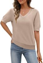 Top feminino MEROKEETY de verão, manga curta, decote em V, cáqui