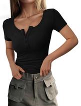 Top feminino PRETTYGARDEN 2026 de corte slim com textura canelada e gola Henley