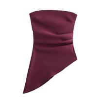Top Feminino sem alça Assimétrico Plissado Com Decote Reto E Zíper Lateral Camisete Sexy E