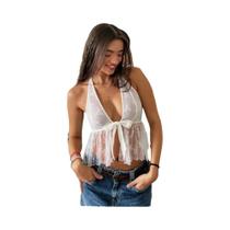 Top Feminino Sem Costas Em Malha Com Decoração De Laço E Fendas Para O Verão