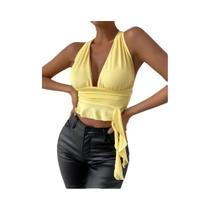 Top Feminino Sexy com Decote V - Ajustado, Plissado - Ideal para Praia, Resort e Balada Top Feminino Sexy com Decote V - Ajustado, Plissado - Ideal para Praia, Resort e Balada