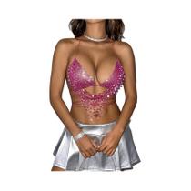 Top Feminino Sexy Com Strass Brilhante, Sem Costas, Transparente Em Tela, Para Festas E Raves, Top Feminino Sexy Com Strass Brilhante, Sem Costas, Transparente Em Tela, Para Festas E Raves,