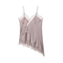 Top Feminino Sexy De Renda Com Alças Finas, Sem Mangas, Costas Abertas E Bainha Assimétrica - Blusa