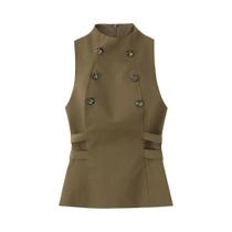 Top Feminino Slim Fit De Gola Alta Com Botões Sem Mangas Estilo Europeu-Americano Produto Novo De