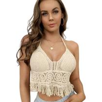Top Frente Única Feminino com Bojo Estilo Boho de Crochê