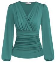 Top Grace Karin vintage com decote em V, outono, manga comprida, azul pavão