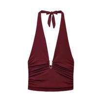 Top Halter Borgonha Feminino Com Babados E Amarrações Nas Costas, Decote V Profundo, Cropped,