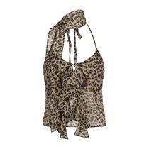 Top Halter Feminino Com Estampa De Leopardo, Renda E Babados, Ajuste Slim, Camisola De Verão, Moda Top Halter Feminino Com Estampa De Leopardo, Renda E Babados, Ajuste Slim, Camisola De Verão, Moda