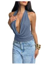 Top halter feminino MakeMeChic costas nuas com gola drapeada tamanho P Top halter feminino MakeMeChic costas nuas com gola drapeada tamanho P
