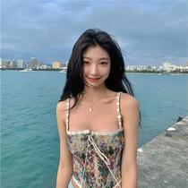 Top Halter Floral Boho Feminino Sem Costas Estampado Vintage Bustiers Crop Estilo Coreano Casual