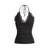 Top Halter Preto Com Renda E Patchwork Para Mulheres, Sem Mangas, Costas Descobertas, Estilo Gótico Top Halter Preto Com Renda E Patchwork Para Mulheres, Sem Mangas, Costas Descobertas, Estilo Gótico