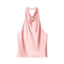 Top Halter Preto De Cetim Sem Costas Para Mulheres, Camisola Rosa De Verão Para Praia