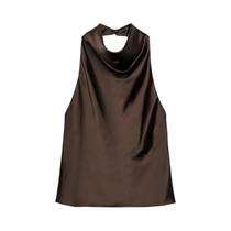 Top Halter Preto De Cetim Sem Costas Para Mulheres, Camisola Rosa De Verão Para Praia