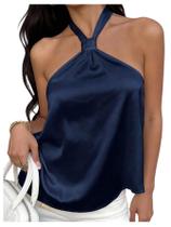 Top Halter Silk Satin sem encosto para mulheres SOLY HUX azul escuro Top Halter Silk Satin sem encosto para mulheres SOLY HUX azul escuro