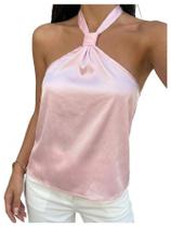 Top Halter Silk Satin sem encosto para mulheres SOLY HUX Pink Top Halter Silk Satin sem encosto para mulheres SOLY HUX Pink