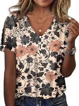 Top HOTYD feminino com estampa floral boho com decote em V e manga curta