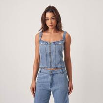 Top Jeans Alças Largas Lapelas Ziper Frontal Azul Claro Top Jeans Alças Largas Lapelas Ziper Frontal Azul Claro
