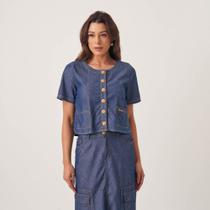 Top Jeans Leve Cropped Decote Redondo Mangas Botões Frontais Azul