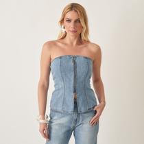 Top Jeans sem alça com Zíper
