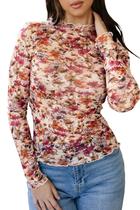 Top KevaMolly Mesh de manga comprida transparente de renda floral vermelha tamanho L