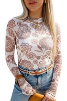 Top KevaMolly Mesh, manga comprida, renda floral transparente, branca, S