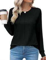 Top Kistore feminino de manga comprida, gola redonda, plissada, preta L Top Kistore feminino de manga comprida, gola redonda, plissada, preta L