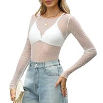 Top KTILG de renda branca de manga comprida transparente para mulheres Y2k
